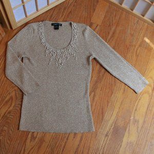 August Silk Faux Pearl Trimmed Shimmer Ribbed Sweater
